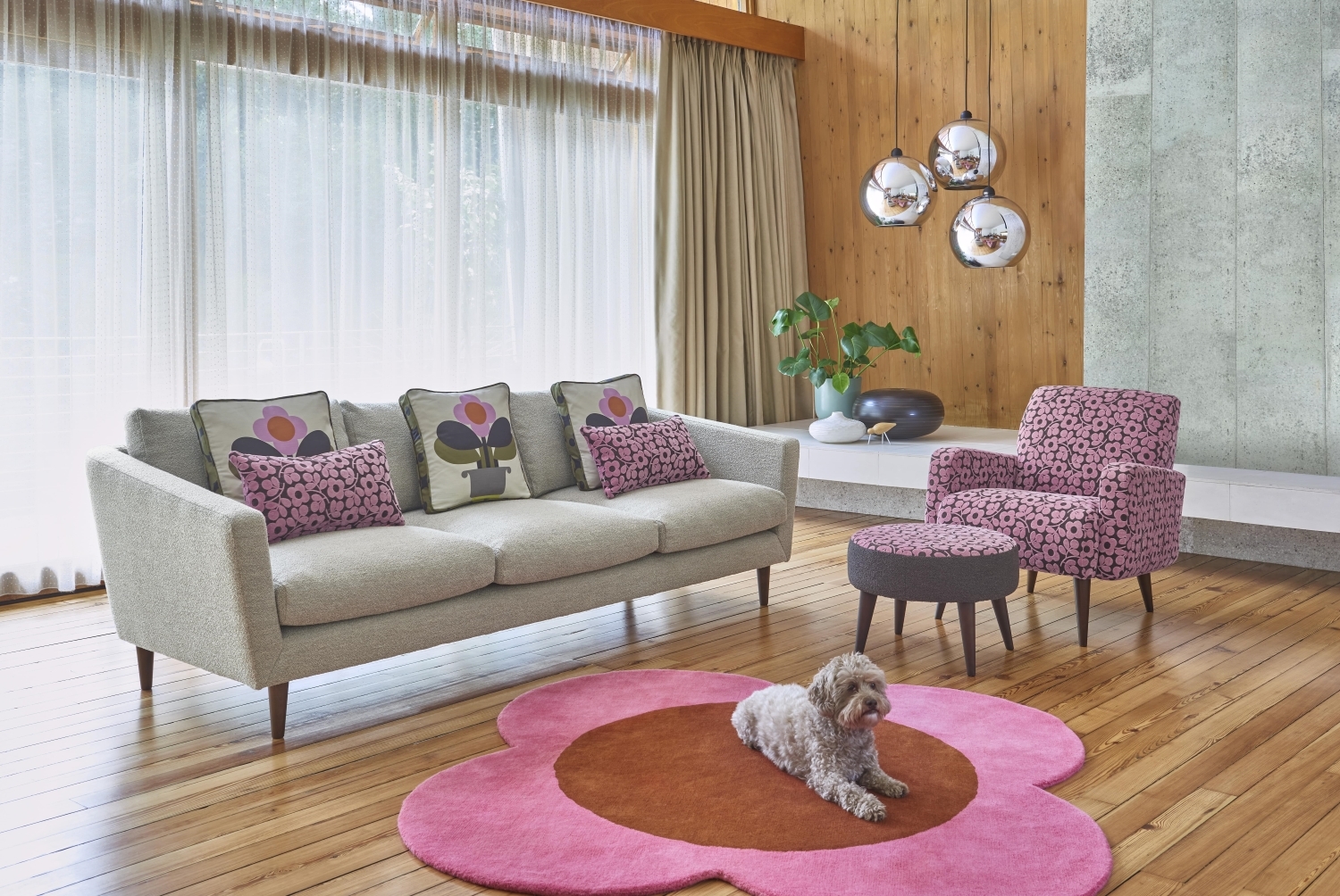 Orla Kiely Dorsey 3 seat sofa and accent chair in neutral fabrics with brightly coloured accents